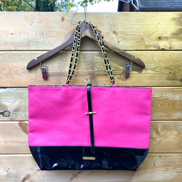 Juicy Couture Glam Tote Bag Pink Black Patent Leather Gold Chain Purse - Picture 7 of 8